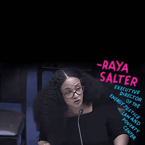 Digital art gif. Video of Raya Salter, Executive Director of the Energy Justice Law and Poverty Center, speaking emphatically into the microphone, colorful graffiti-style lettering all around her. Text, "Search your heart, and ask your God, what you are doing, to the Black, and poor people in Louisiana."