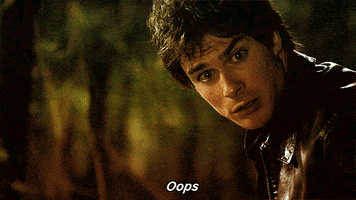 Celebrity gif. Ian Somerhalder raises his eyebrows and frowns in dismay as he says, “Oops.”