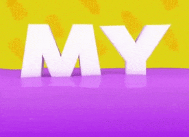 Text gif. The word "my" floats in a purple liquid against a background of yellow printed pineapples.