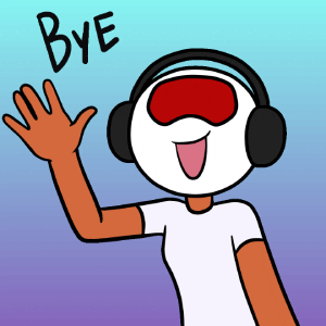 Illustration gif. Cartoony figure wearing headphones and what looks like a red eyemask smiles wide and waves. Text, "bye."