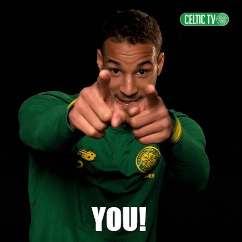 Celebrity gif. Celtic Football club player Christopher Jullien uses both of his hands to point straight at the camera with enthusiasm as he says, “You!”