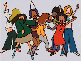 Cartoon gif. A group of adults dance and celebrate together. 