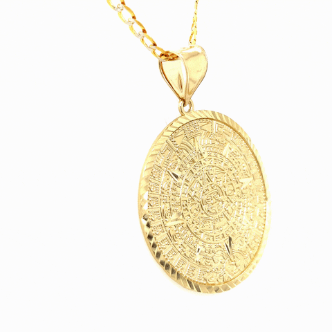 14k Gold Large Aztec Calendar Pendant with Cuban Link Chain — MyAZGold
