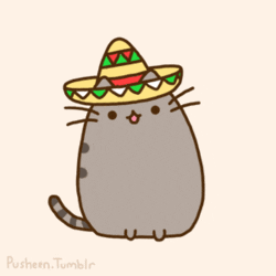 Digital illustration gif. Pusheen, a small chubby gray cat, wears a small sombrero and sways energetically from side to side with its little pink tongue showing.