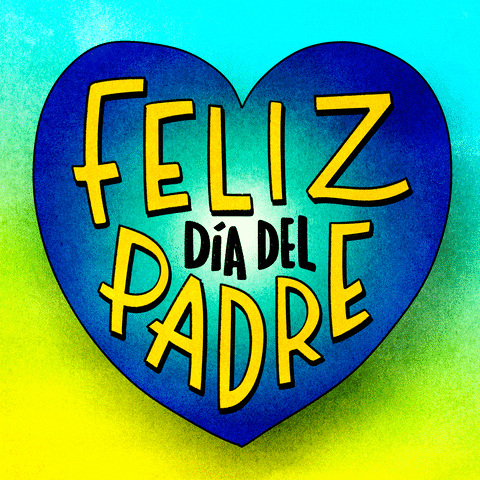 Digital art gif. Throbbing cartoon blue ombre heart with yellow text inside that reads, "Feliz dia del Padre," all against an ombre blue and yellow background.