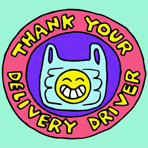 Illustrated gif. Plastic bag with smiley face on it, whose handles tie themselves. Pink and yellow text encircles the illustration and reads "Thank your delivery driver."