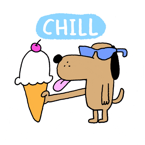 Illustrated gif. Dog wearing sunglasses licking a large ice cream cone. Text, "Chill."