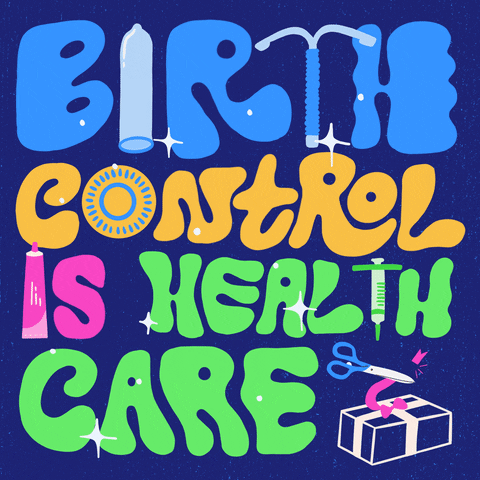 Text gif. Bold, chunky irregular letters on a blue background in a font reminiscent of a retro 90s Nickelodeon cartoon slimepunk aesthetic, a condom and a squeeze tube in place of the Is, an IUD or syringe in place of Ts, a birth control wheel in place of the O, a pair of scissors snipping a ribbon off of a wrapped package, sparkles all around. Text, "Birth control is healthcare."
