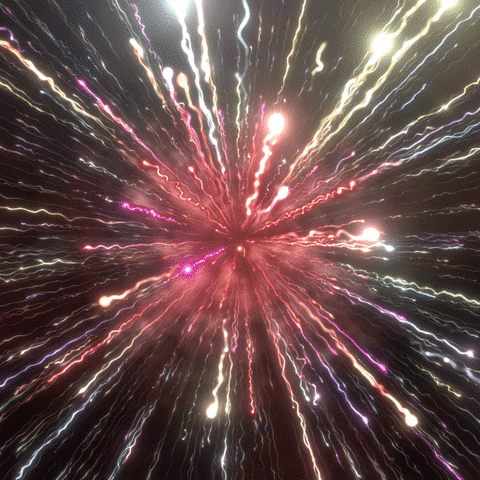 Animated graphic gif. Digitized firework explodes from the center of the frame with multi-colored streams of light swirling away, creating a fantastic display of colorful light against a black background. 