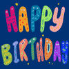 Cartoon gif. Letters bounce around, changing colors and patterns as they spell out the Text, "Happy Birthday."