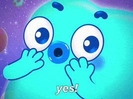 Digital art gif. Blue blob character floats in space. He gasps, with his hands on his cheeks, and then he pumps his fist and smiles excitedly. Text, “Yes!”