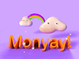 Digital art gif. Purple, orange, and green rainbow with two strangely shaped clouds with eyes. One cloud has its eyes closed and the other has eyes that look like tiny googly eyes. Text, “Monday!”