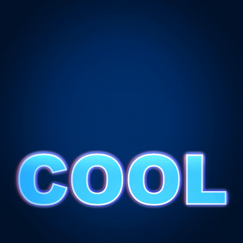 Text gif. One word slides up and down in the frame, leaving a bit of an afterglow behind it in blue. Text, "Cool."