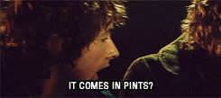 Movie gif. In a scene from Lord of the Rings: The Fellowship of the Ring, Billy Boyd as Pippin is amazed by the world outside the Shire. Text, "It comes in pints?"