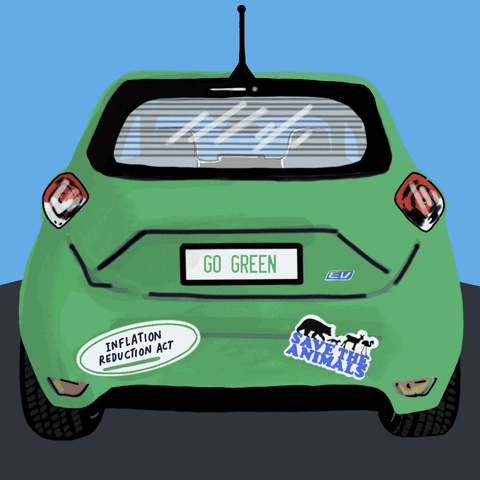 Text gif. Back of a green electric vehicle with bumper stickers that read, "Inflation reduction act," and, "save the animals" on a road against a sky blue background.