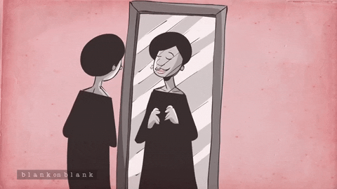 An animated gif illustration of a woman looking in the mirror, her reflection comes out of the mirror and hugs her.