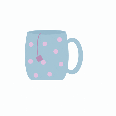 Digital art gif. Light blue mug covered in pink polka dots holds a tea bag sting that dangles from the lip.