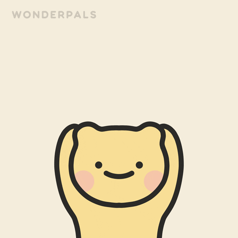 Cartoon gif. Adorable yellow Wonderpal swoops its short arms in a rainbow motion, revealing pastel blue arched text that reads, "I love you."