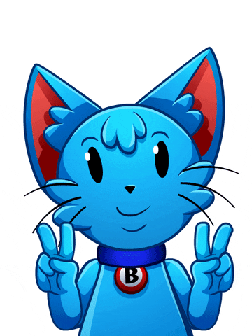 Cartoon gif. Bingo Blitz a blue cat crosses its fingers and smiles wide. A speech bubble appears, "Good Luck."