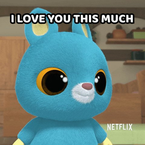 Cartoon gif. Blue Rabbit on Yoohoo to the Rescue spread his arms out wide and says, “I love you this much!”