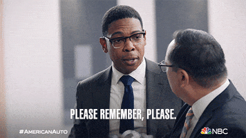 TV gif. Michael Benjamin Washington as Cyrus on American Auto looks down at a man with a serious expression as he says, “Please remember, please.”