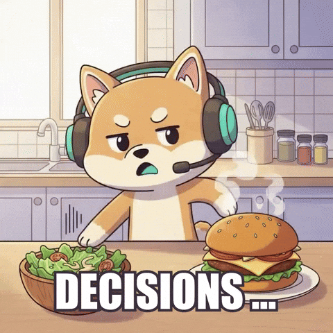 Animated thinking character weighing a healthy salad against junk food choices, representing the Fastic vs Simple decision dilemma for beginners