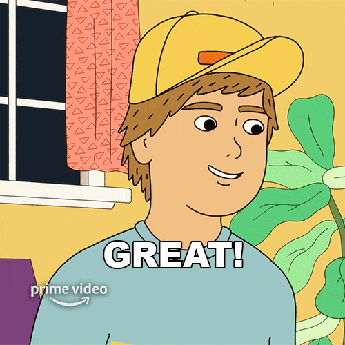 Cartoon gif. Dale in Fairfax appears in a living room and nods his head forward as he blinks, smiles, and says, "Great!"