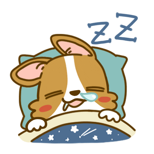 Cartoon gif. A chibi animation of a corgi sleeping peacefully in a bed, complete with drool, a snot bubble, and a pair of "Z"s above its head.