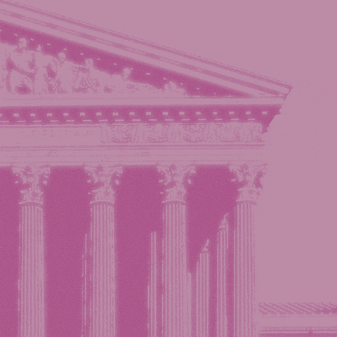 Political gif. Black and white text appears phrase by phrase on a cropped image of the Supreme Court Building filtered in pink. Text, "Judge Ketanji Brown Jackson is bringing ethical excellence to the Supreme Court. She makes fair and impartial rulings."