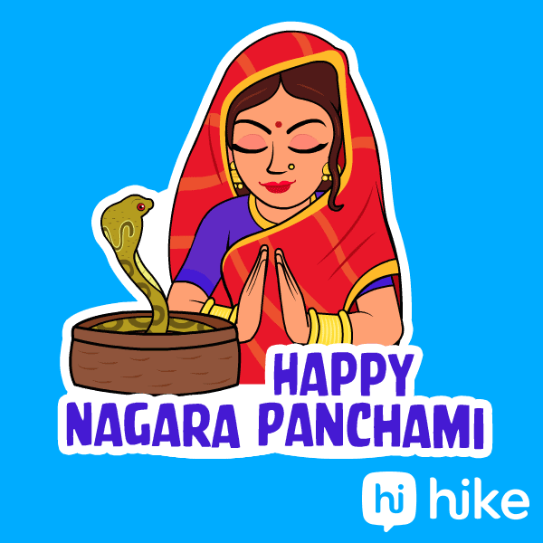 Illustrated gif. A woman in a sari closes her eyes and lifts her palms together in prayer as a snake sways and sticks out its tongue in a basket beside her. Text, "Happy Nagara Panchami."
