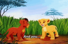 Cartoon gif. Kiara and Kovu in Lion King 2 stand in tall grass. Kiara says, “And you…” and Kovu looks at her unsure of what she’s saying