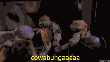 Movie gif. All four of the Teenage Mutant Ninja Turtles from the 1990s movie stand in a circle on a rooftop. They all reach their hands up and jump to high five each other as they all cheer in unison, “cowabunga aaa."