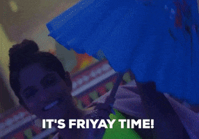 Video gif. A smiling young woman opens a parasol with a shimmy. Text, "It's Fri-yay time!"