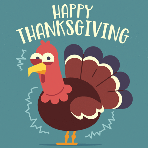 Illustrated gif. A red and crimson turkey shakes nervously. One of its deep red lids twitches under its wide-eyes, as it gazes directly at us. Text, "Happy Thanksgiving."