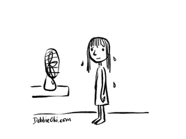 Illustrated gif. Woman with dripping wet hair turns on a fan. The fan blows air through her hair and spins so fast that it causes her to fly away.