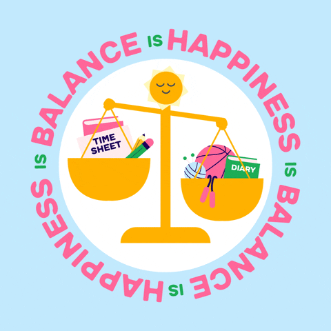 Digital art gif. Inside a white circle, smiling cartoon of balance scales tips its buckets back and forth, one of which is full of school supplies and the other holds sports balls and a diary. Outside the circle, rotating pink text reads, "Happiness is balance."