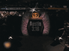 TV gif. On WrestleMania 13, a banner reading "Austin 3:16" drops and then Stone Cold Steve Austin marches through a dark corridor.