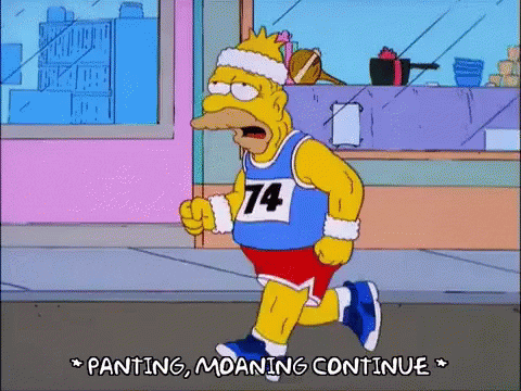 Gif of Homer Simpson running a marathon with caption: panting, moaning, continue.