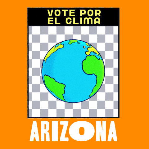 Digital art gif. Earth spins in front of a grey and white checkered background framed in an orange box. Text, “Vote por el clima. Arizona.”