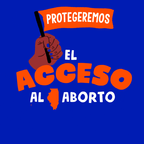 Text gif. Brown hand with blue fingernails in front of bright blue background waves an orange flag up and down that reads, “Protegeremos” followed by the text, “El acceso al aborto Illinois.”
