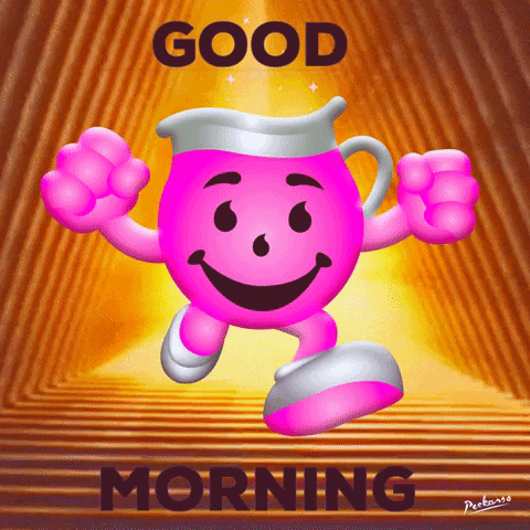 Cartoon gif. A pink Kool Aid man runs forward in a bright golden tunnel. The Kool aid man has that same iconic dead eyed smile with both fists up in the air in excitement. Glitching text says, “Good Morning.”