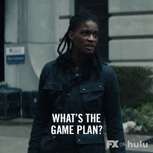 TV gif. Ashley Romans as Agent 355 in Y: The Last Man stands on a city street looking serious as she says, "What's the game plan?"