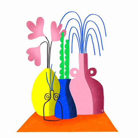 Kreslená pohyblivá animace se čtyřmi vázami s květinami a ozdobami uvnitř.