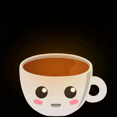 Digital illustration gif. Smiling coffee cup filled to the brim with warm coffee sends brown hearts up and away against a black background. 