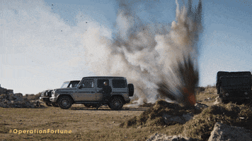 Movie gif. Supercut of explosion scenes in "Operation Fortune," interspersed with characters gesturing explosions with their hands.