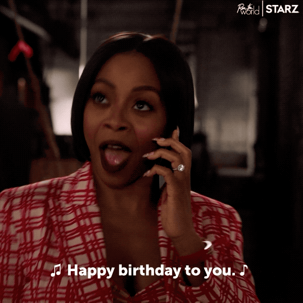 TV gif. Bresha Webb as Renee in Run the World sings joyfully into her cell phone, "happy birthday to you," which appears as text.