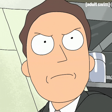 Cartoon gif. We zoom in on Jerry Smith from Rick and Morty as he squints his eyes angrily at something in the distance.