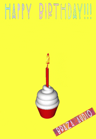 Digital art gif. Rainbow colored bear explodes from a candle on a cupcake. Text reads, "Happy Birthday!!!"