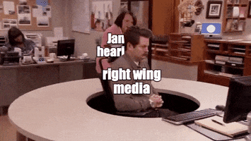 Parks and Rec gif. Woman attempts to get the attention of Nick Offerman as Ron Swanson, but to her dismay, he just rotates his office chair as to avoid acknowledging her as she chases him around the outside of a round desk. The woman is labeled "Jan. sixth hearings," and Offerman is labeled "right wing media."