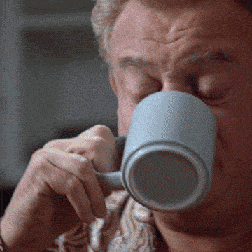 Movie gif. Rodney Dangerfield as Thornton Melon in Back To School takes a sip out of a coffee mug. He gulps down the drink and then opens his eyes wide, like they’re bulging out of his head, and his head starts spinning like he’s about to faint.
